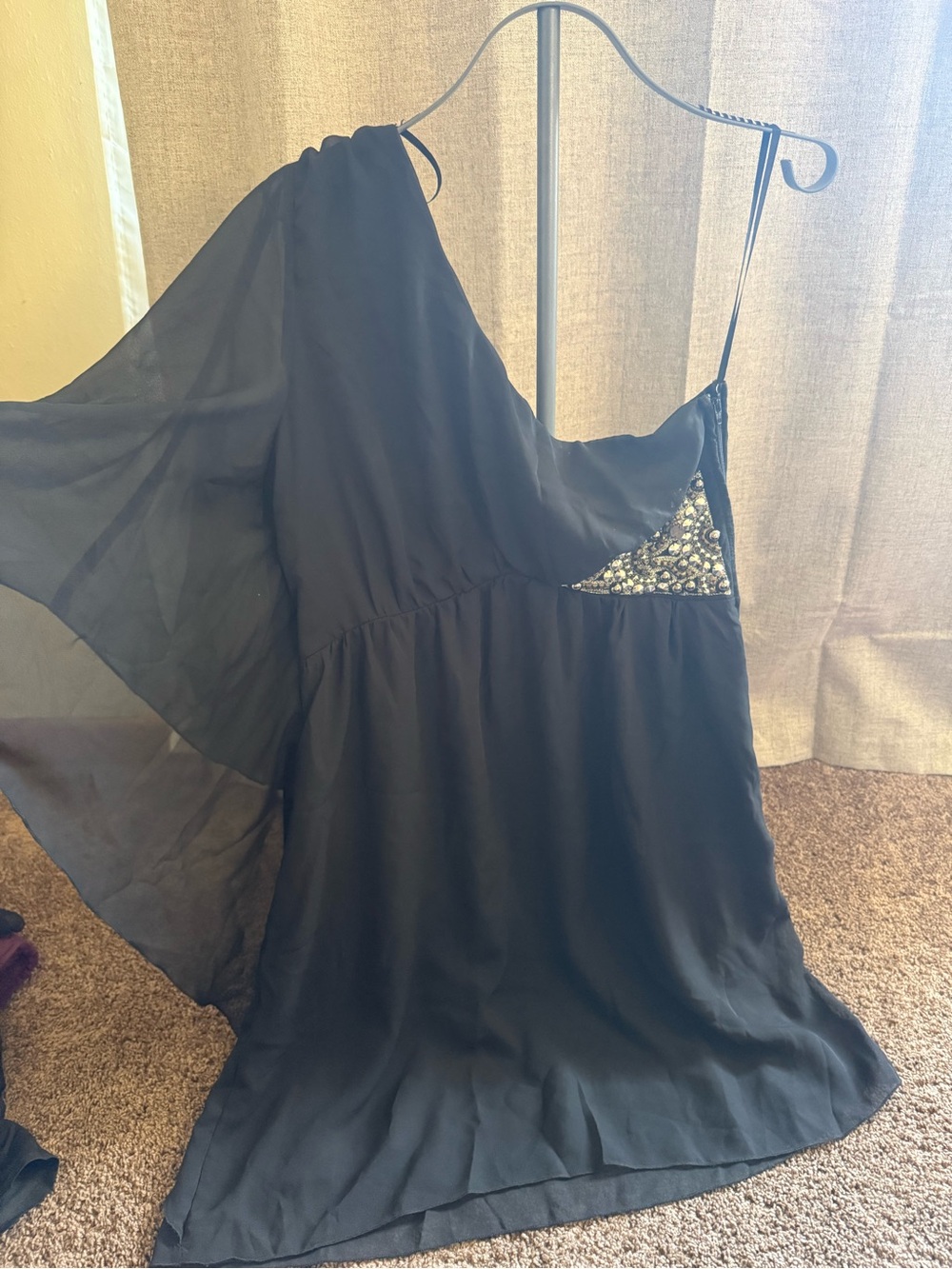Studio Y Black One-Shoulder Chiffon Dress with Beaded Accent